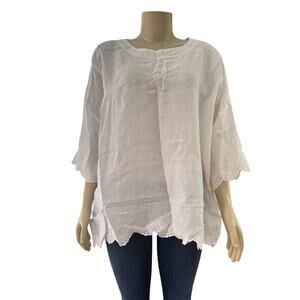 Eskandar Womens Linen Eyelet Trim Top One Size White Minimalist Lagenlook Boho
